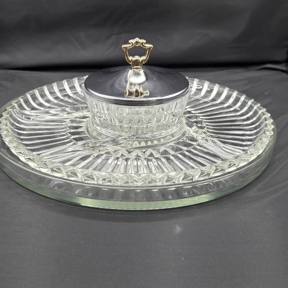 Kromex Lazy Susan Rotating Party Platter Glass Dish Snack Relish Serving Tray